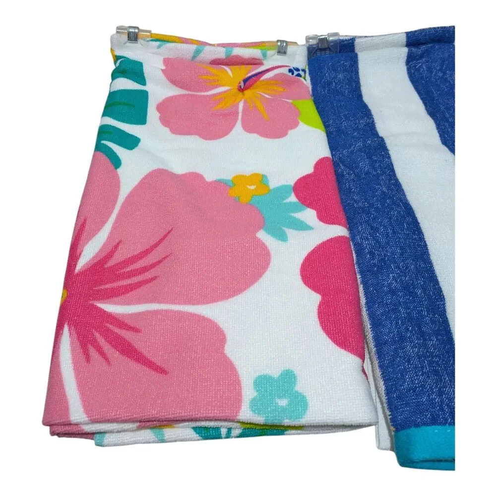 Beach Towel Bundle – Tropical Floral & Blue Stripe Towels Set of 2